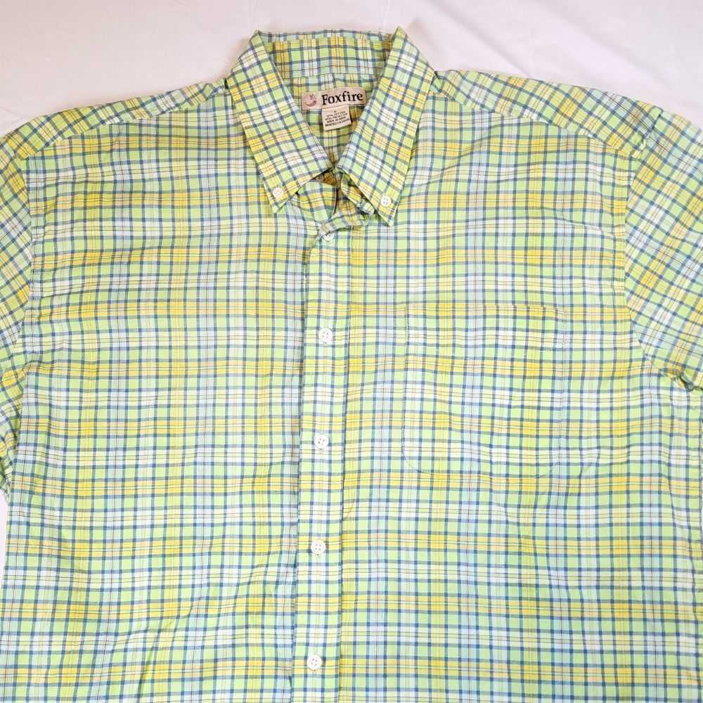 Foxfire Shirt Large Mens Button Up Short Sleeve Green Plaid Collared Casual